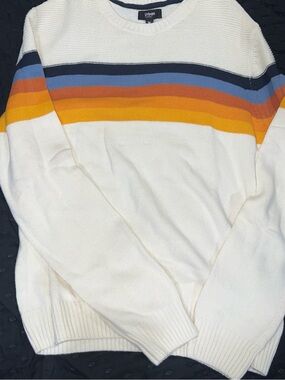 urban pipeline White Crewneck Sweater with Navy, Blue, Rust and Mustard Stripes
